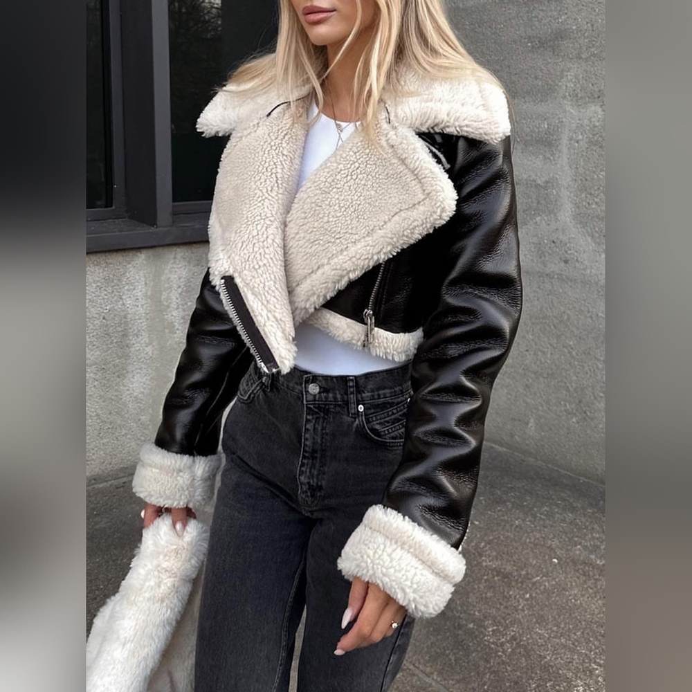 Collared Neck Long Sleeve Plush Cropped Jacket